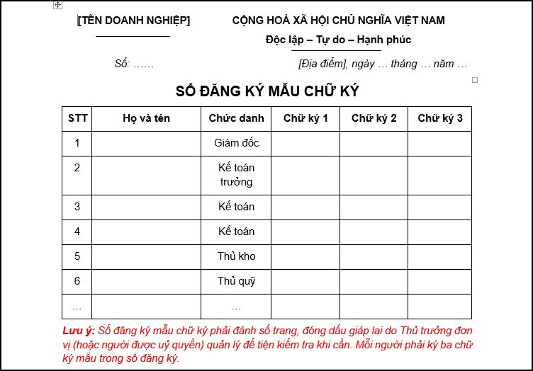 Mẫu sổ đăng ký mẫu chữ ký của doanh nghiệp