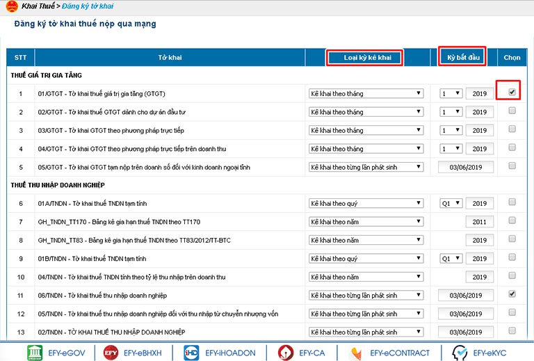 Tích chọn tờ khai sau đó điền thông tin kỳ bắt đầu.