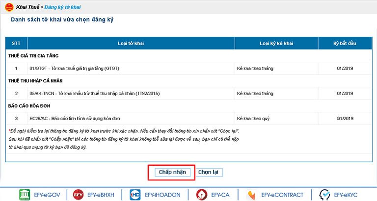 NNT chọn “chấp nhận” để hoàn thành việc đăng ký tờ khai và hoàn tất việc thêm tờ khai mới.