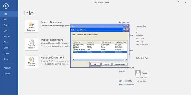 Cách ký chữ ký số trên file word, excel 2016