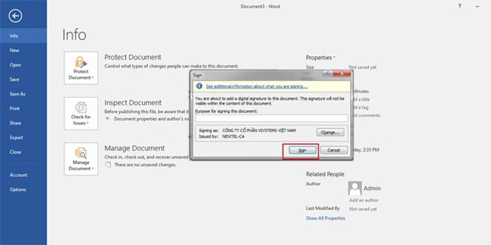 Cách ký chữ ký số trên file word, excel 2016